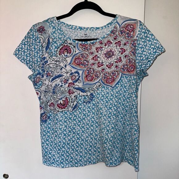 Talbots Women’s Linen Blend Colorful Pattern Tee Medium GUC - Picture 1 of 11
